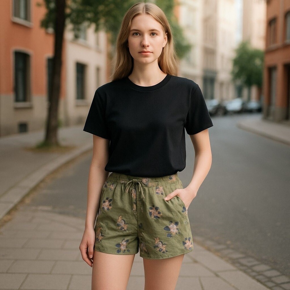 NAUTICA WOMEN'S LINEN FLORAL DRAWSTRING SHORTS (GREEN FLORAL XXL)